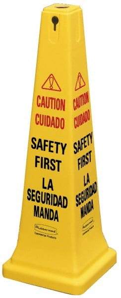 Rubbermaid - Caution - Safety First, 12-1/4" Wide x 36" High, Plastic Floor Sign - Cone, Black on Yellow, For Accident Prevention - Eagle Tool & Supply
