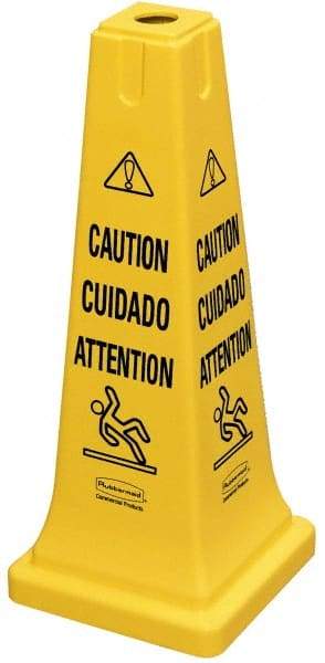 Rubbermaid - Caution, 10-1/2" Wide x 25-3/4" High, Plastic Floor Sign - Cone, Black on Yellow, For Accident Prevention - Eagle Tool & Supply
