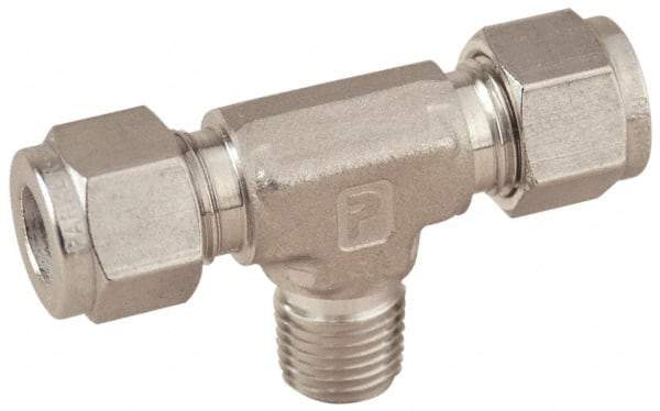 Parker - 1/2" OD, Stainless Steel Male Branch Tee - -425 to 1,200°F, 7/8" Hex, Comp x Comp x MNPT Ends - Eagle Tool & Supply