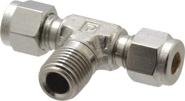 Parker - 1/4" OD, Stainless Steel Male Branch Tee - -425 to 1,200°F, 9/16" Hex, Comp x Comp x MNPT Ends - Eagle Tool & Supply