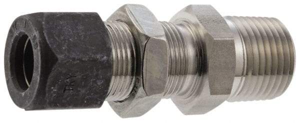 Parker - 3/8" OD, Stainless Steel Bulkhead Connector - 3/4" Hex, Comp x MNPT Ends - Eagle Tool & Supply