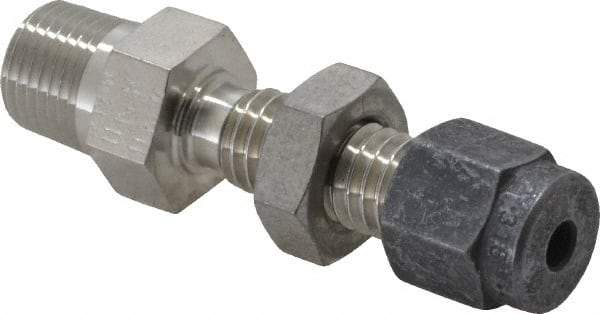Parker - 1/8" OD, Stainless Steel Bulkhead Connector - 1/2" Hex, Comp x MNPT Ends - Eagle Tool & Supply