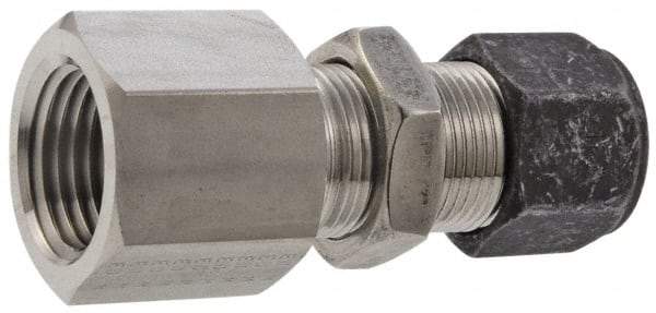 Parker - 3/8" OD, Stainless Steel Bulkhead Female Connector - 3/4" Hex, Comp x FNPT Ends - Eagle Tool & Supply