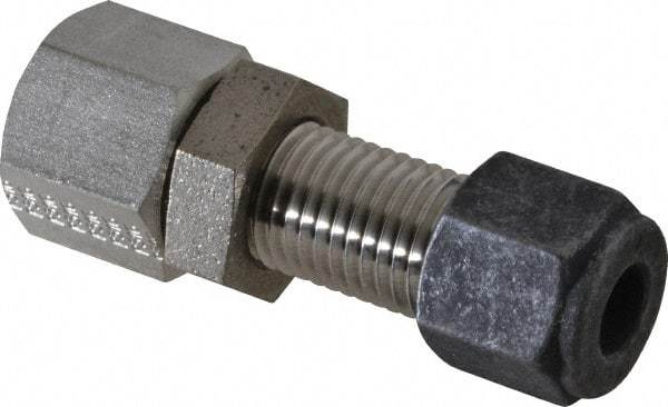 Parker - 1/4" OD, Stainless Steel Bulkhead Female Connector - 5/8" Hex, Comp x FNPT Ends - Eagle Tool & Supply