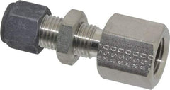 Parker - 1/4" OD, Stainless Steel Bulkhead Female Connector - 3/4" Hex, Comp x FNPT Ends - Eagle Tool & Supply