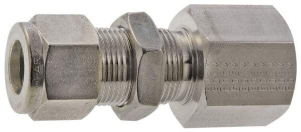 Parker - 1/4" OD, Stainless Steel Bulkhead Female Connector - -425 to 1,200°F, 3/4" Hex, Comp x FNPT Ends - Eagle Tool & Supply
