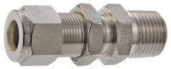 Parker - 3/8" OD, Stainless Steel Bulkhead Connector - -425 to 1,200°F, 3/4" Hex, Comp x MNPT Ends - Eagle Tool & Supply