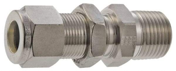 Parker - 3/8" OD, Stainless Steel Bulkhead Connector - -425 to 1,200°F, 7/8" Hex, Comp x MNPT Ends - Eagle Tool & Supply