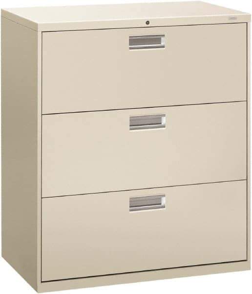 Hon - 36" Wide x 40.88" High x 19-1/4" Deep, 3 Drawer Lateral File - Steel, Light Gray - Eagle Tool & Supply