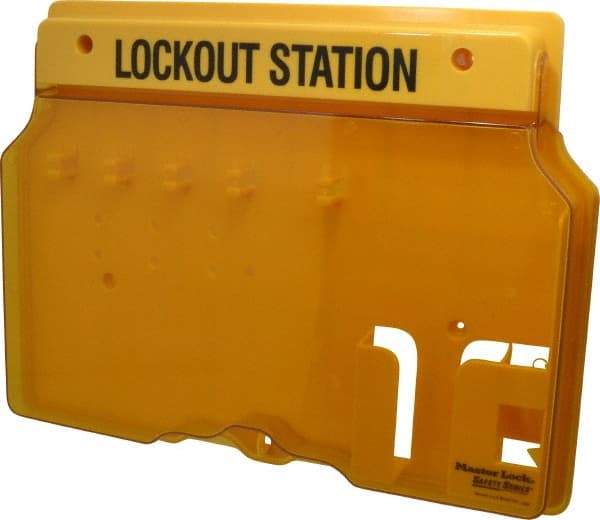 Master Lock - 1 Piece, Empty Polycarbonate Padlock Station - 16 Inch Wide x 12-1/4 Inch High x 1-3/4 Inch Deep, Black on Yellow, Covered - Eagle Tool & Supply