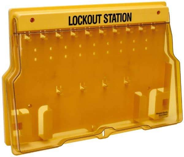 Master Lock - 1 Piece, Empty Polycarbonate Padlock Station - 22 Inch Wide x 15-1/2 Inch High x 1-3/4 Inch Deep, Black on Yellow, Covered - Eagle Tool & Supply