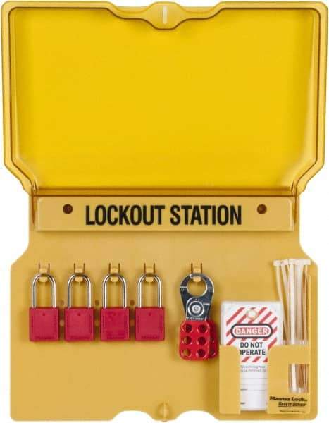 Master Lock - 7 Piece, Equipped Polycarbonate Padlock Station - 16 Inch Wide x 12-1/4 Inch High x 1-3/4 Inch Deep, Black on Yellow, Covered - Eagle Tool & Supply