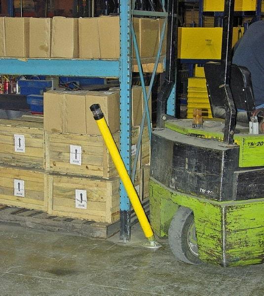 Vestil - 2-1/2" Diam x 42" High, Yellow Steel Spring Bollard - 6" Wide x 6" Long Mounting Plate, 32 Lb - Eagle Tool & Supply