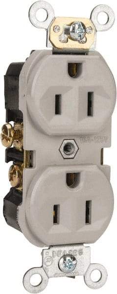 Leviton - 125 VAC, 15 Amp, 5-15R NEMA Configuration, Gray, Specification Grade, Self Grounding Duplex Receptacle - 1 Phase, 2 Poles, 3 Wire, Flush Mount, Tamper Resistant - Eagle Tool & Supply