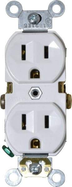 Leviton - 125 VAC, 15 Amp, 5-15R NEMA Configuration, White, Specification Grade, Self Grounding Duplex Receptacle - 1 Phase, 2 Poles, 3 Wire, Flush Mount, Tamper Resistant - Eagle Tool & Supply