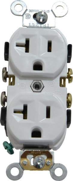 Leviton - 125 VAC, 20 Amp, 5-20R NEMA Configuration, White, Specification Grade, Self Grounding Duplex Receptacle - 1 Phase, 2 Poles, 3 Wire, Flush Mount, Tamper Resistant - Eagle Tool & Supply