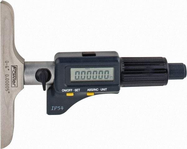 Fowler - 0 to 150mm Range, 4" Base Length, 6 Rods, Friction Thimble, Electronic Depth Micrometer - IP54, 0.00005" Resolution, 0.176" Rod Diam, 357 Battery, Data Output - Eagle Tool & Supply
