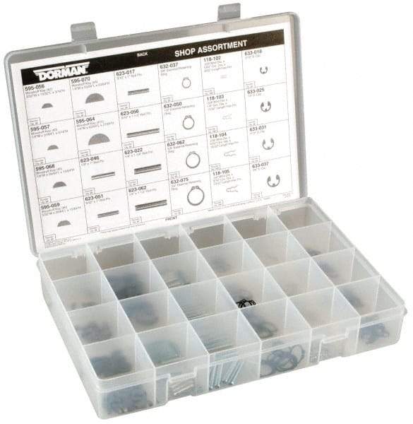 Dorman - 260 Piece E Style External Retaining Ring, Hair Pin Clip, Spring Pin & Woodruff Key Assortment - Spring Steel - Eagle Tool & Supply