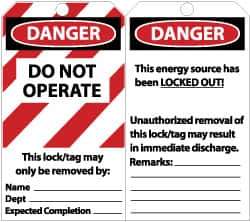 NMC - 3" High x 6" Long, DANGER - DO NOT OPERATE - THIS LOCK/TAG MAY ONLY BE REMOVED BY: NAME___ DEPT___ EXPECTED COMPLETION___, English Safety & Facility Lockout Tag - Tag Header: Danger, 2 Sides, Black, Red & White Unrippable Vinyl - Eagle Tool & Supply