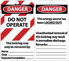 NMC - 3" High x 6" Long, DANGER - DO NOT OPERATE - THIS LOCK/TAG MAY ONLY BE REMOVED BY: NAME___ DEPT___ EXPECTED COMPLETION___, English Safety & Facility Lockout Tag - Tag Header: Danger, 2 Sides, Black, Red & White Unrippable Vinyl - Eagle Tool & Supply