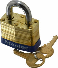 Master Lock - 3/4" Shackle Clearance, Keyed Different Laminated Brass Padlock - 9/32" Shackle Diam, Brass - Eagle Tool & Supply