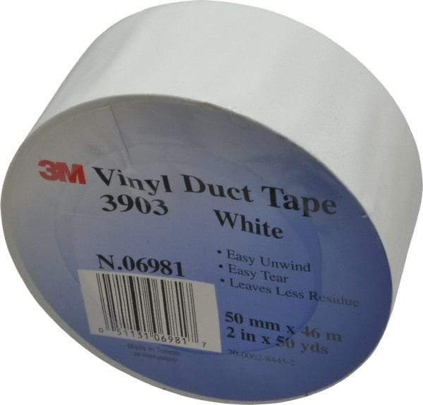 3M - 2" x 50 Yds White Duct Tape - 6.5 mil, Rubber Adhesive, Vinyl Backing, 12.6 Lb/ln Tensile Strength, 200°F Max, Series 3903 - Eagle Tool & Supply