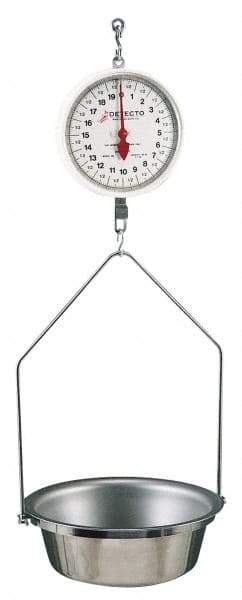 Detecto - 40 Lb. Capacity, 8 Inch Dial Hanging Scale with Stainless Steel Round Pan - 20 Lbs. Graduation, 2 Revolutions - Eagle Tool & Supply