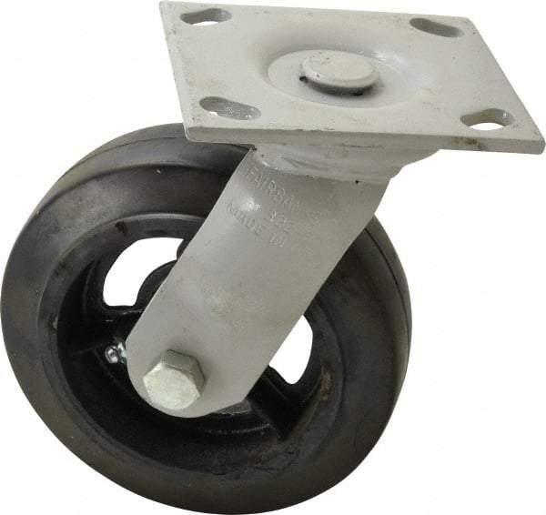 Fairbanks - 6" Diam x 2" Wide, Mold-On Rubber Swivel Caster - 675 Lb Capacity, Top Plate Mount, 4" x 4-1/2" Plate, Delrin Bearing - Eagle Tool & Supply