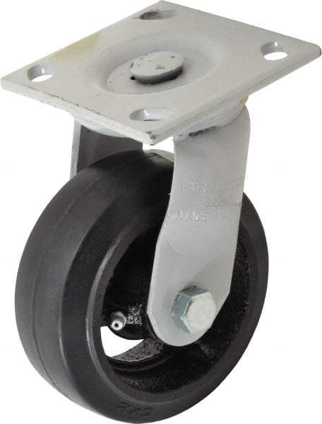 Fairbanks - 5" Diam x 2" Wide, Mold-On Rubber Swivel Caster - 675 Lb Capacity, Top Plate Mount, 4" x 4-1/2" Plate, Delrin Bearing - Eagle Tool & Supply
