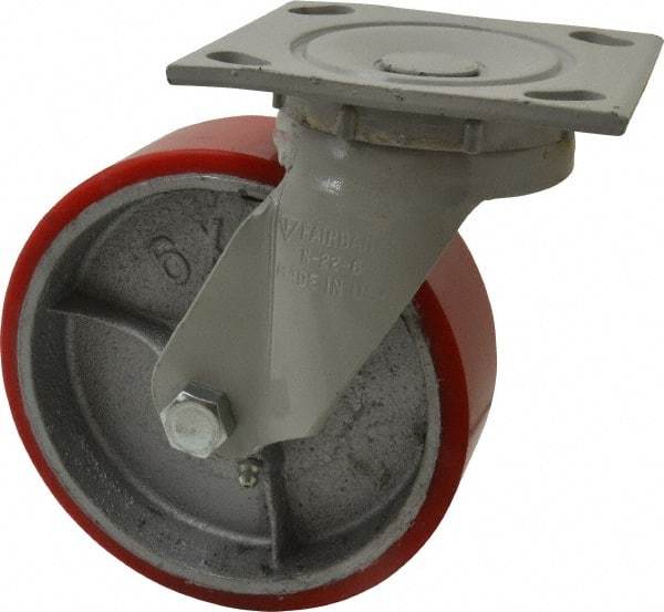 Fairbanks - 6" Diam x 2" Wide x 7-1/4" OAH Top Plate Mount Swivel Caster - Polyurethane, 1,000 Lb Capacity, Roller Bearing, 4 x 4-1/2" Plate - Eagle Tool & Supply