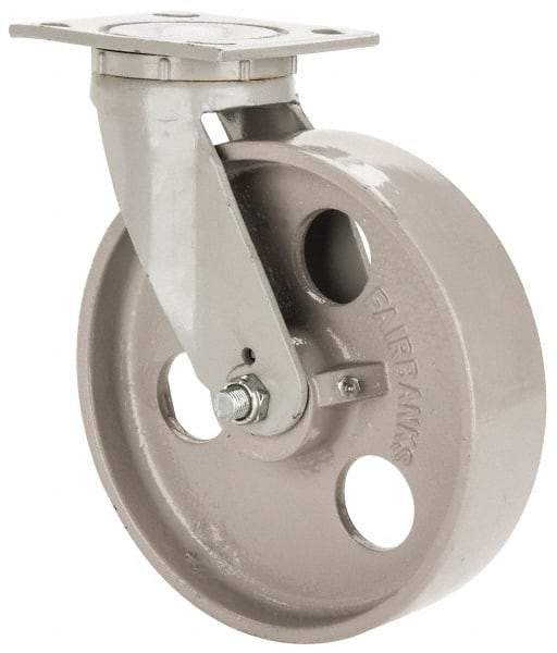 Fairbanks - 8" Diam x 2" Wide x 9-1/2" OAH Top Plate Mount Swivel Caster - Semi-Steel, 1,200 Lb Capacity, Roller Bearing, 4 x 4-1/2" Plate - Eagle Tool & Supply