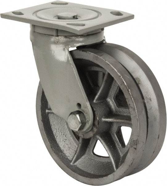 Fairbanks - 6" Diam x 2" Wide, V Groove Metal Swivel Caster - 1,200 Lb Capacity, Top Plate Mount, 4" x 4-1/2" Plate, Roller Bearing - Eagle Tool & Supply
