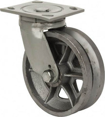 Fairbanks - 6" Diam x 2" Wide, V Groove Metal Swivel Caster - 1,200 Lb Capacity, Top Plate Mount, 4" x 4-1/2" Plate, Roller Bearing - Eagle Tool & Supply