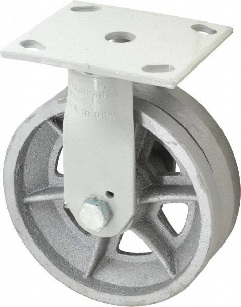 Fairbanks - 6" Diam x 2" Wide, V Groove Metal Rigid Caster - 1,200 Lb Capacity, Top Plate Mount, 4" x 4-1/2" Plate, Roller Bearing - Eagle Tool & Supply