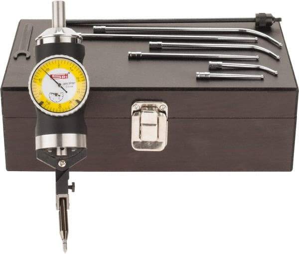 SPI - 9 Piece, 0mm to 63.5mm Measuring Range, 40mm Dial Diam, 0-25-0 Dial Reading, Yellow Dial Test Indicator Kit - 0.005mm Accuracy, 2, 4 & 6" Contact Point Length, 1/8" Ball Diam, 0.01mm Dial Graduation - Eagle Tool & Supply