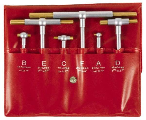 SPI - 6 Piece, 5/16 to 6 Inch, Hardened Tool Steel, Satin Chrome Finish, TiN Coated Working Faces, Telescoping Gage Set - 4 and 5 Inch Long Handles, Includes Vinyl Pouch - Eagle Tool & Supply