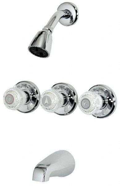 B&K Mueller - Concealed, Three Handle, Chrome Coated, Brass, Valve, Shower Head and Tub Faucet - Knob Handles, 8 Inch Mounting Centers, Acrylic Handles - Eagle Tool & Supply