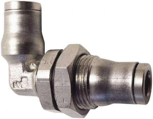 Legris - 5/16" Outside Diam, Nickel Plated Brass Push-to-Connect Tube Bulkhead Union Elbow - 435 Max psi, Tube to Tube Connection, FKM O-Ring - Eagle Tool & Supply
