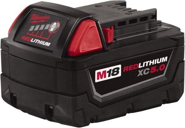 Milwaukee Tool - 18 Volt Lithium-Ion Power Tool Battery - 5 Ahr Capacity, 110 min Charge Time, Series M18 RED - Eagle Tool & Supply