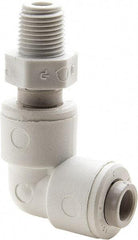 Parker - 1/2" Outside Diam, 1/2 NPTF, Polypropylene Push-to-Connect Tube Male Swivel Elbow - 150 Max psi, White - Eagle Tool & Supply