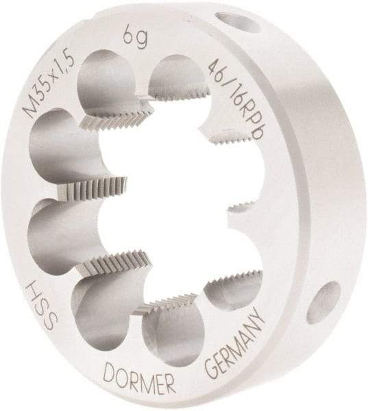 DORMER - M35x1.50 Metric Fine Thread, High Speed Steel Round Die - 18mm Thick, Right Hand Thread, Series F110 - Exact Industrial Supply