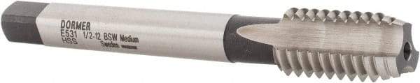 DORMER - 1/2-12 BSW 3 Flute Bright Finish High Speed Steel Straight Flute Machine Tap - Bottoming, Right Hand Thread, 89mm OAL, 22mm Thread Length, Oversize - Exact Industrial Supply