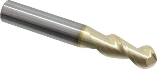 Accupro - 10mm Diam, 24mm LOC, 2 Flute Solid Carbide Ball End Mill - ZrN Finish, Single End, 70mm OAL, 10mm Shank Diam, Spiral Flute - Eagle Tool & Supply