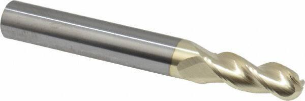 Accupro - 7mm Diam, 19mm LOC, 3 Flute Solid Carbide Ball End Mill - ZrN Finish, Single End, 65mm OAL, 8mm Shank Diam, Spiral Flute - Eagle Tool & Supply
