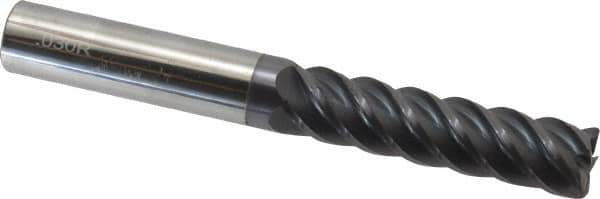Accupro - 1/2", 5 Flute, Single End, Solid Carbide, 0.03" Corner Radius End Mill - 4" OAL, 45° Helix, Right Hand Flute, 2" LOC, Right Hand Cut - Eagle Tool & Supply