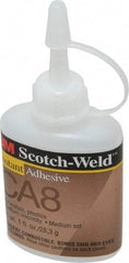 3M - 1 oz Bottle Clear Instant Adhesive - Series CA-8, 5 to 40 sec Fixture Time, 24 hr Full Cure Time, Bonds to Cardboard, Cork Board, Fabric, Fiberglass, Foam, Metal, Paper, Plastic, Rubber & Vinyl - Eagle Tool & Supply