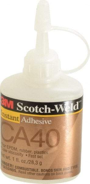 3M - 1 oz Bottle Yellow Instant Adhesive - Series CA40, 3 to 20 sec Fixture Time, 24 hr Full Cure Time, Bonds to Cardboard, Cork Board, Fabric, Fiberglass, Foam, Metal, Plastic, Rubber & Vinyl - Eagle Tool & Supply