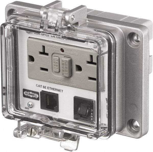 Hubbell Wiring Device-Kellems - 1 Port, 3 Power Receptacle, Ethernet, Clear Data Port Receptacle - 4.79 Inch Long x 1.61 Inch Deep x 5.08 Inch Wide, Aluminum, Surface Mount, Gray - Eagle Tool & Supply