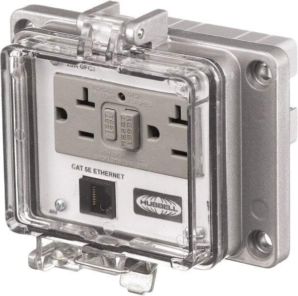 Hubbell Wiring Device-Kellems - 1 Port, 3 Power Receptacle, Ethernet, Clear Data Port Receptacle - 4.79 Inch Long x 1.61 Inch Deep x 5.08 Inch Wide, Aluminum, Surface Mount, Gray - Eagle Tool & Supply