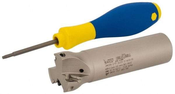 Iscar - 1-1/4" Cut Diam, 0.315" Max Depth of Cut, 1" Shank Diam, 4" OAL, Indexable Square Shoulder Helical End Mill - HM390 TPKT 1003 Inserts, Weldon Shank, 90° Lead Angle, Through Coolant, Series HeliIQMill - Eagle Tool & Supply